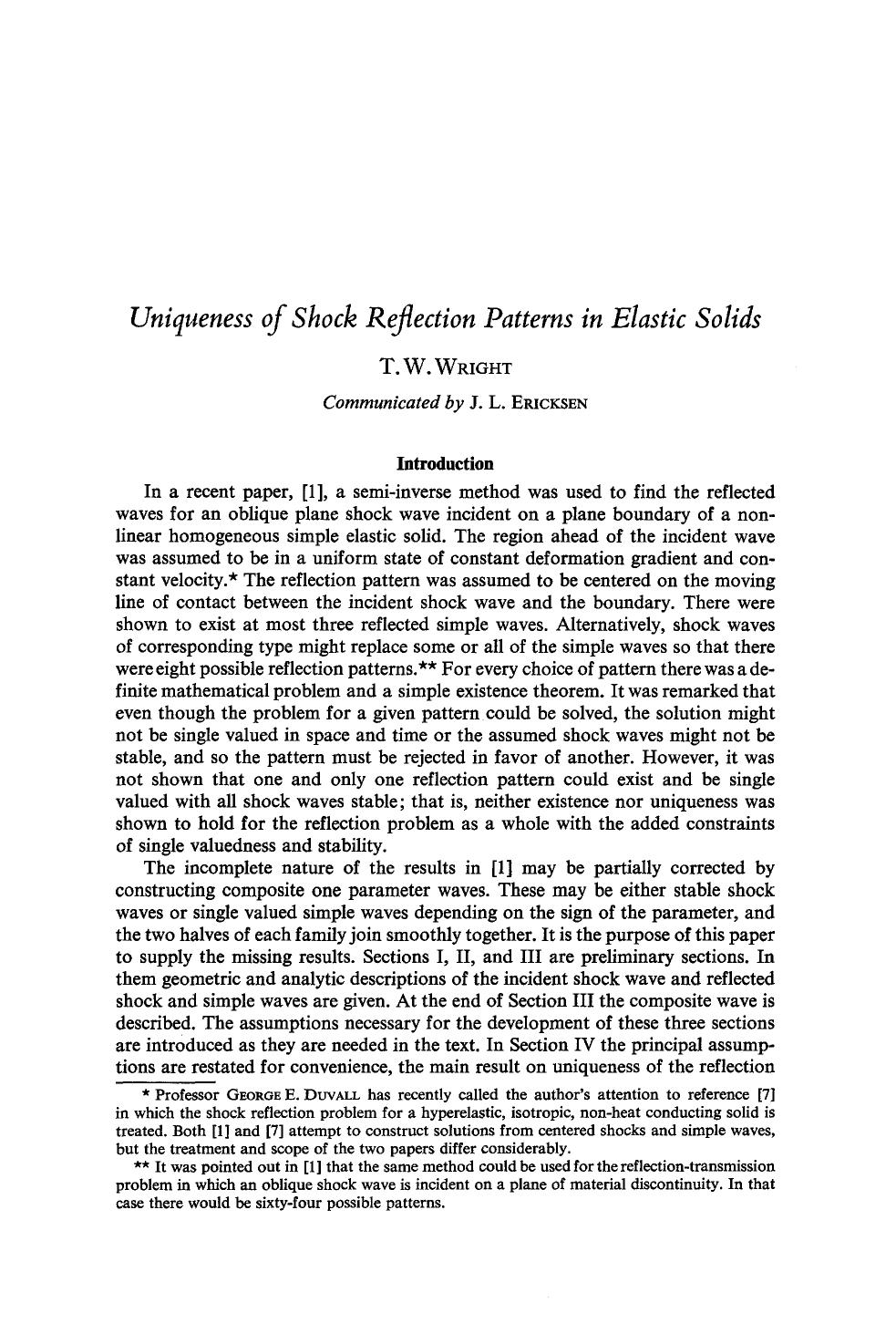 Uniqueness of shock reflection patterns in elastic solids by Unknown