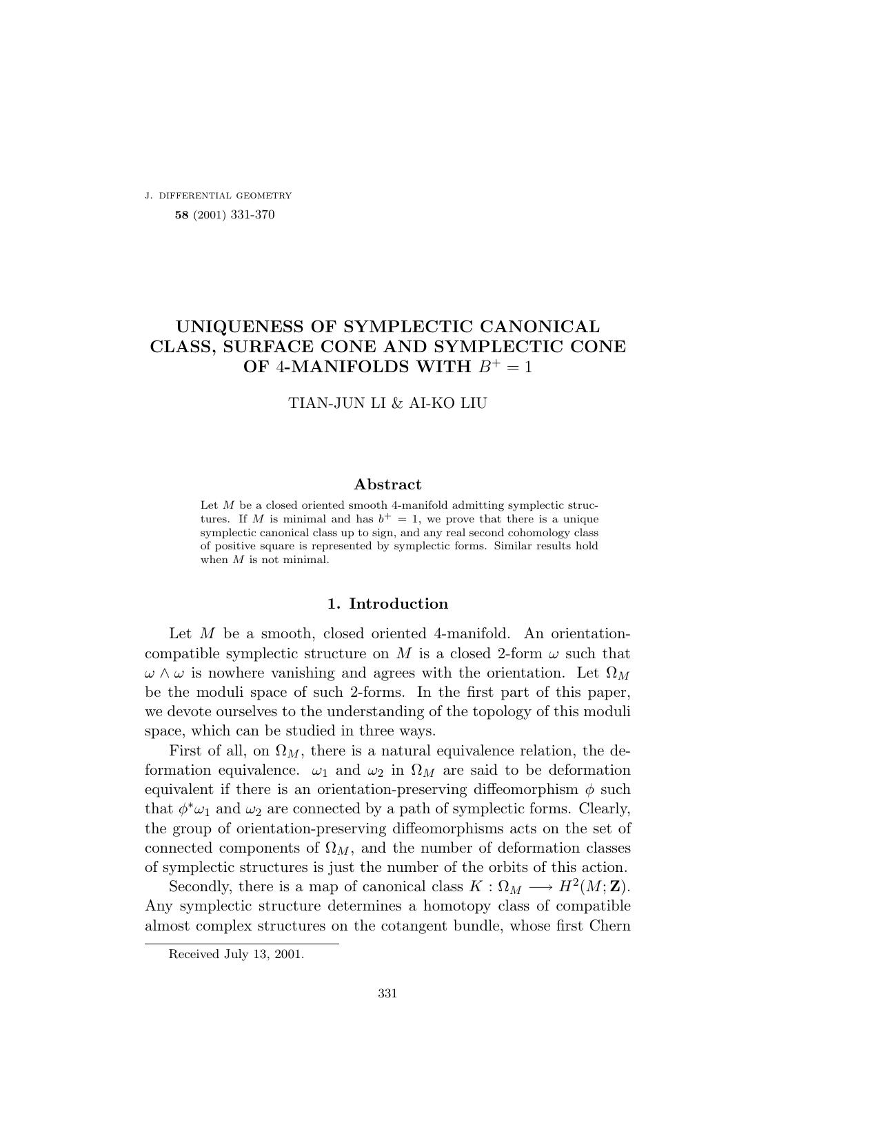 Uniqueness of symplectic canonical class, surface cone and symplectic cone of $4$-manifolds with $b^+=1$ by Tian-Jun Li & Ai-Ko Liu