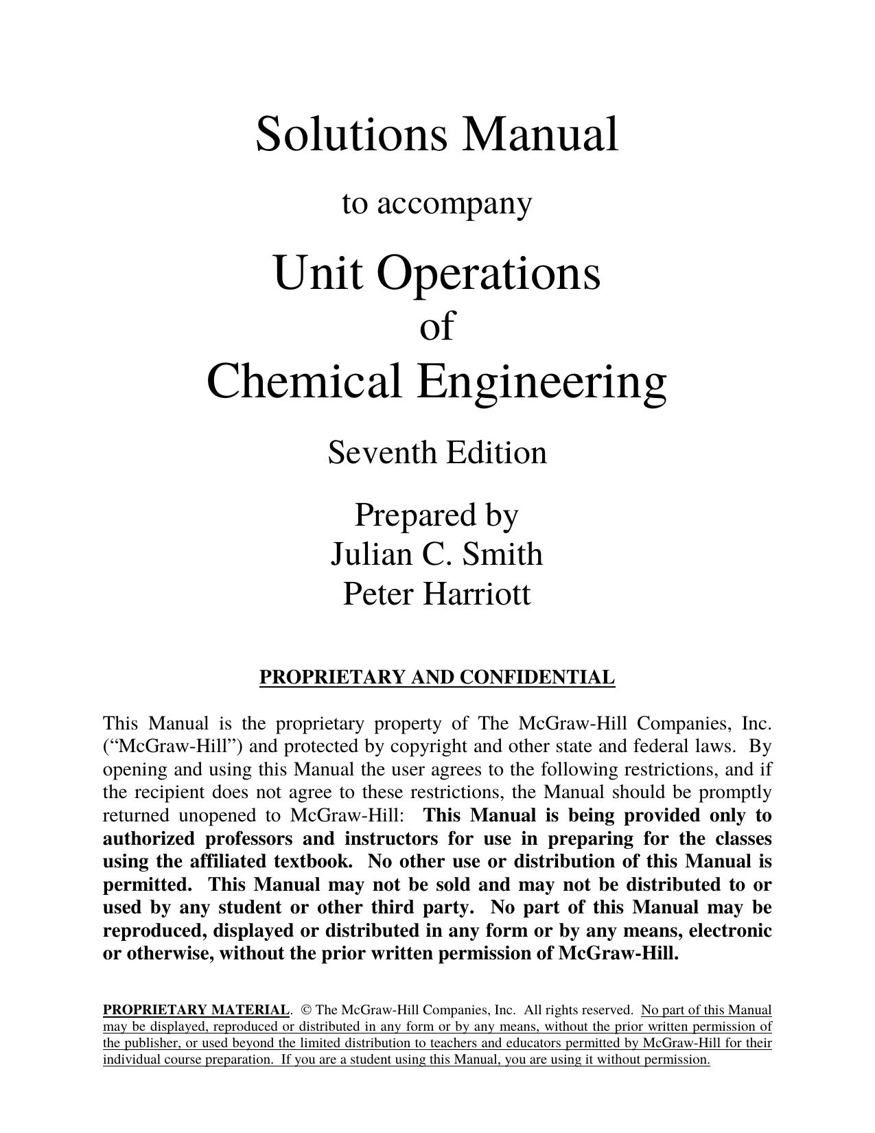 Unit Operations of Chemical Engineering, 7th Edition, Solutions Manual by Unknown