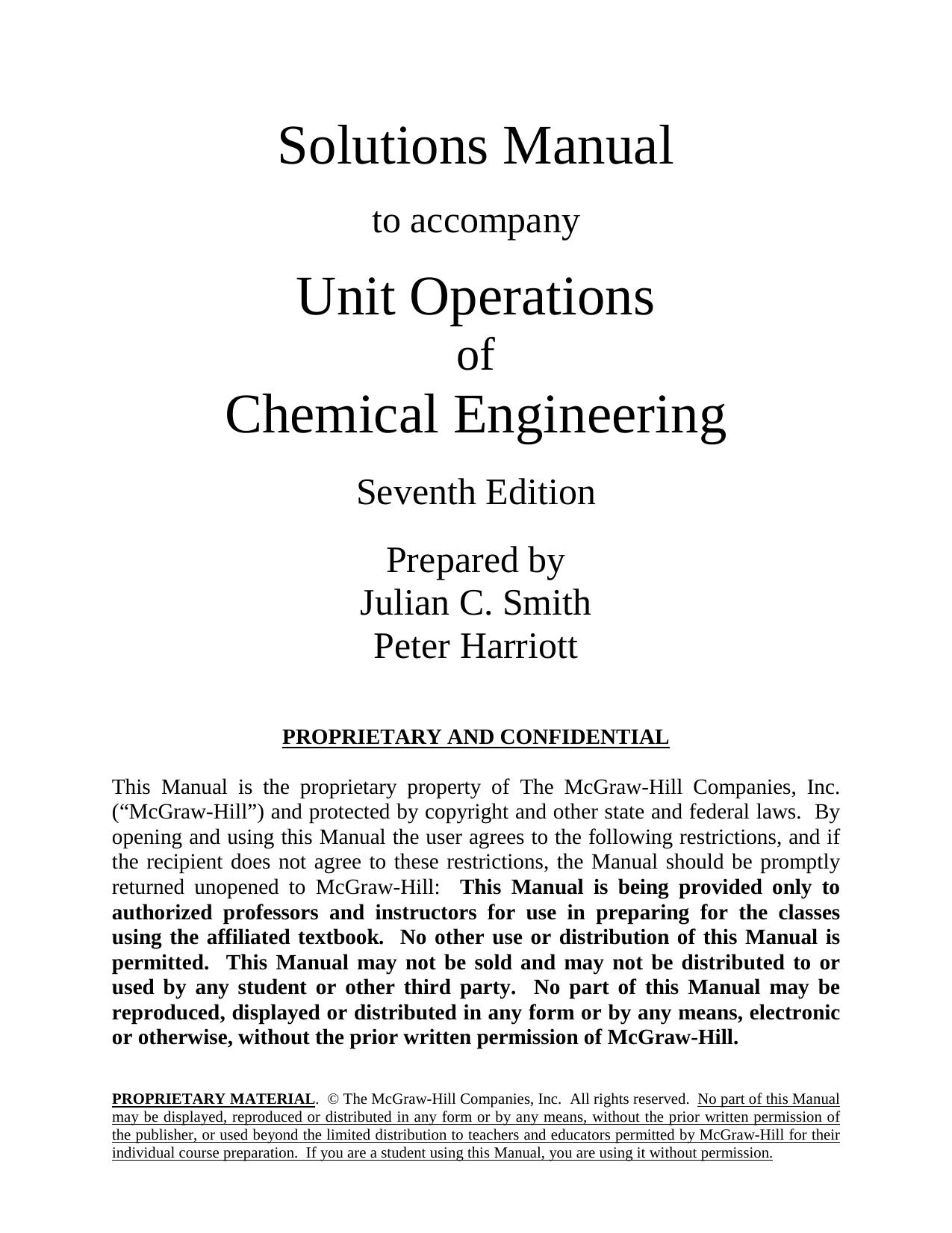 Unit Operations of Chemical Engineering, 7th Edition, solutions manual only by Warren McCabe Julian Smith Peter Harriott