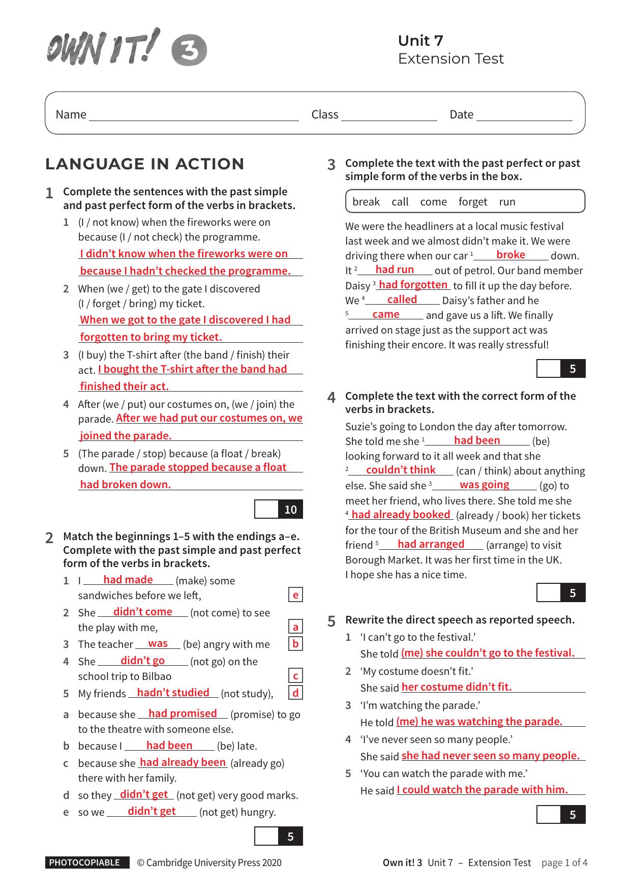 Unit7 Extension Test with answers by Unknown