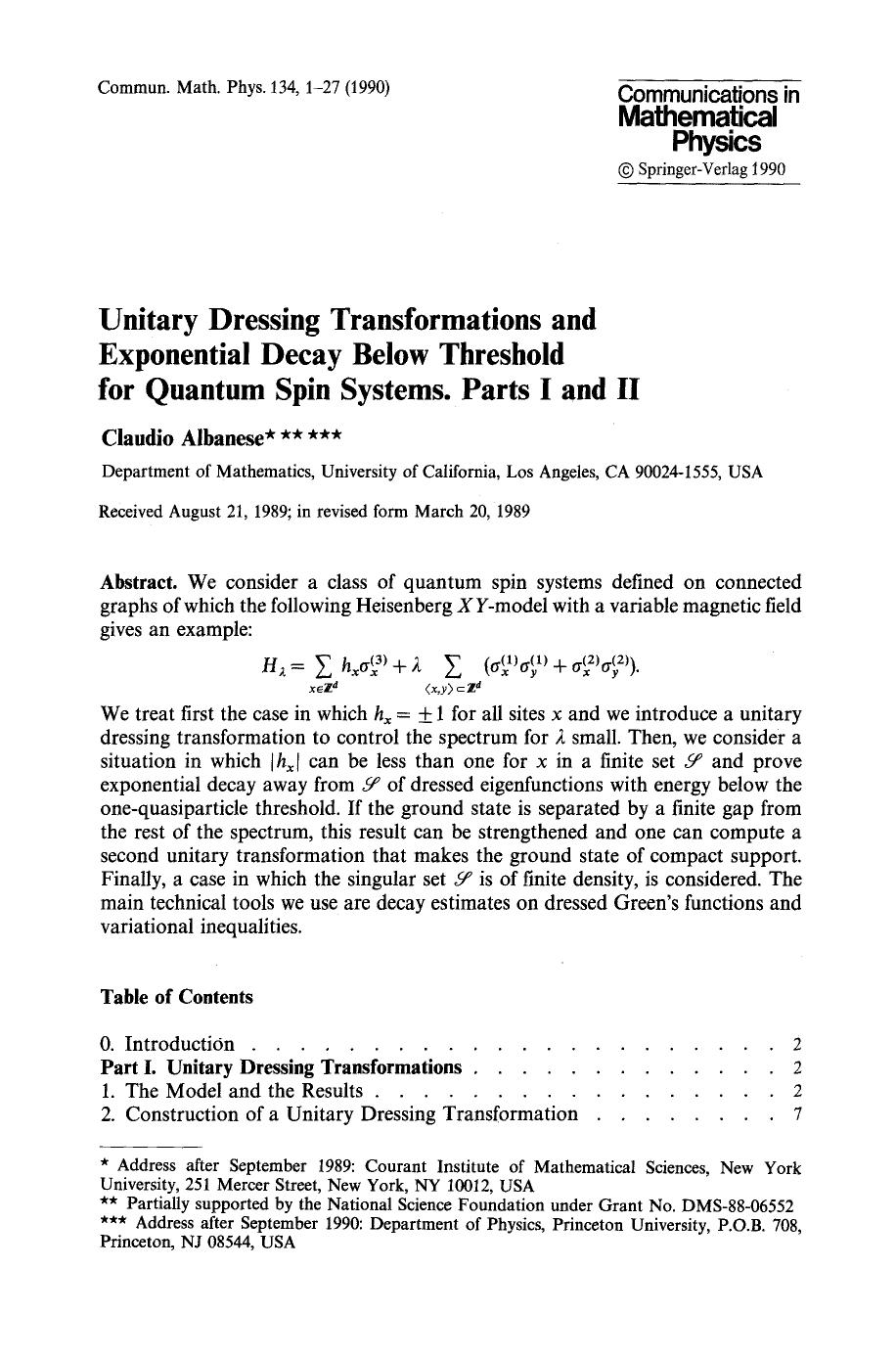 Unitary dressing transformations and exponential decay below threshold for quantum spin systems. Parts I and II by Unknown