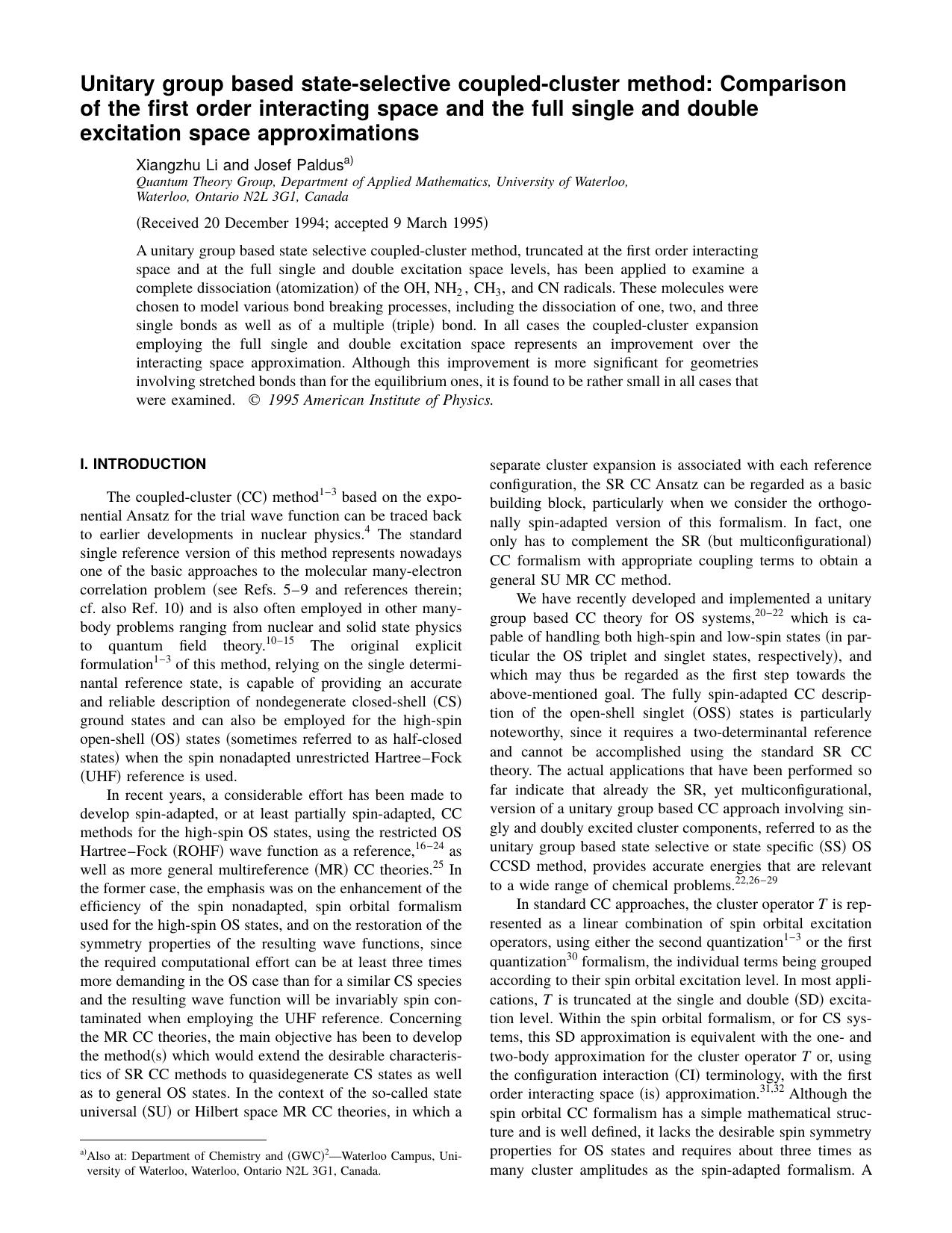 Unitary group based state-selective coupled-cluster method: comparison of the first order interacting space and the full single and double excitation space approximations by Xiangzhu Li and Josef Paldus