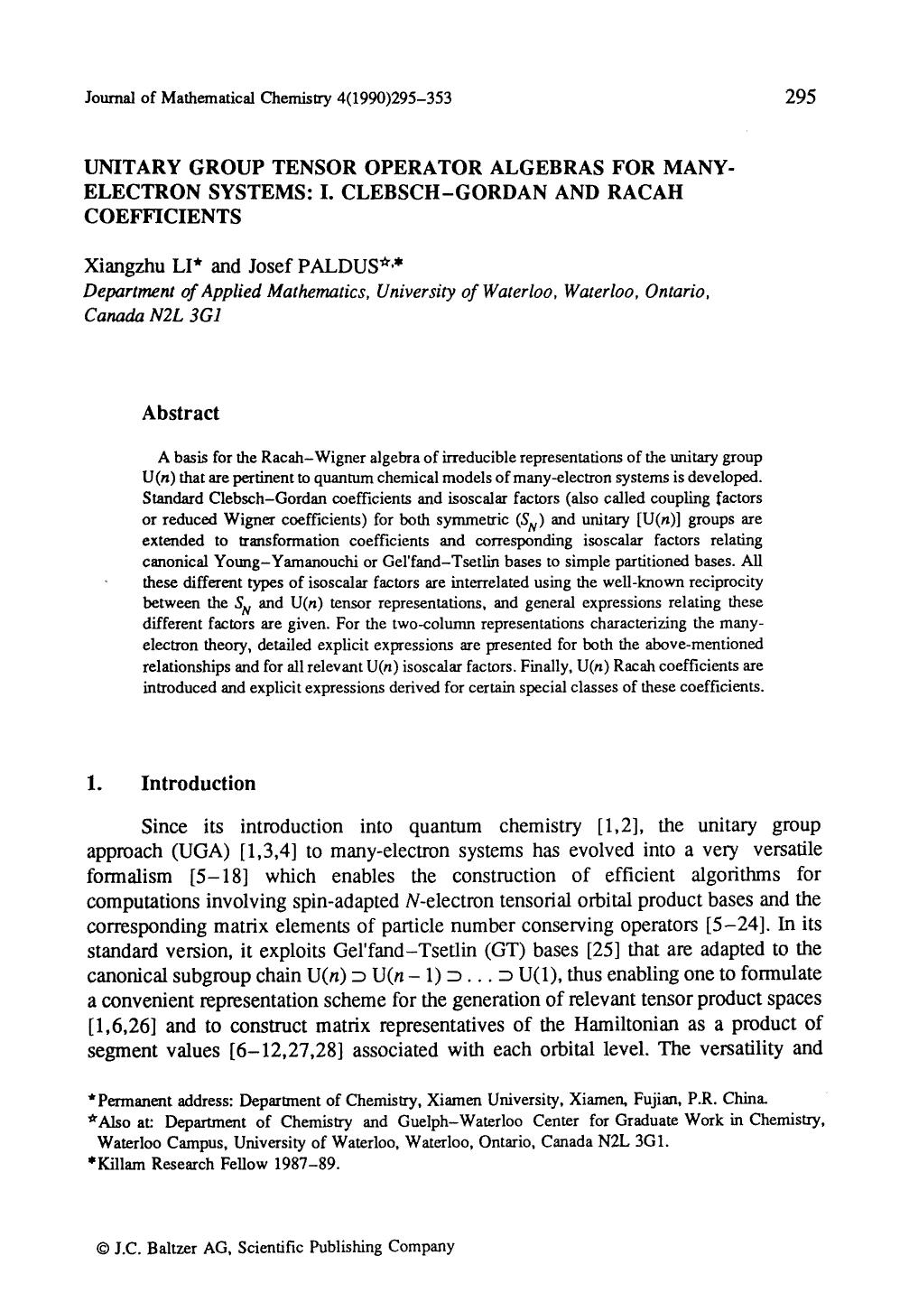 Unitary group tensor operator algebras for many-electron systems: I. Clebsch-Gordan and Racah coefficients by Unknown