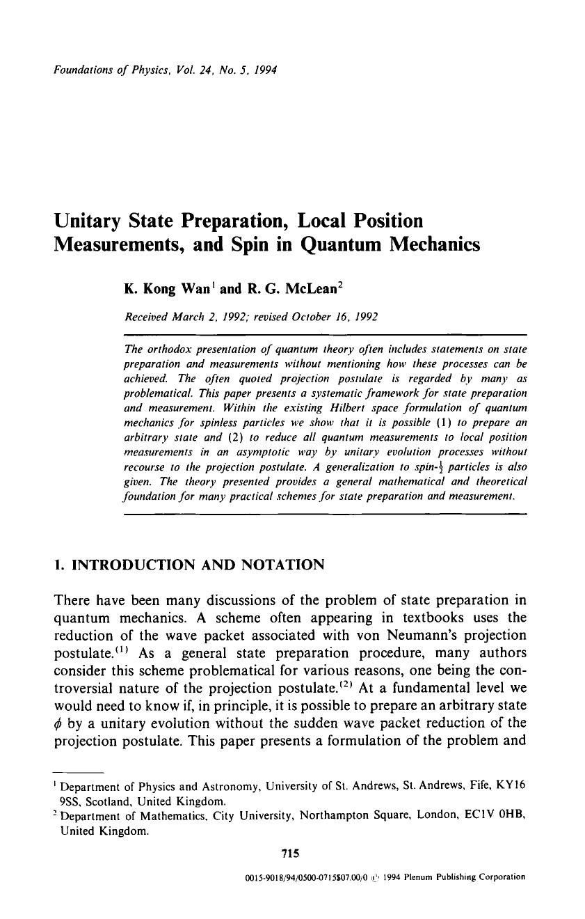 Unitary state preparation, local position measurements, and spin in quantum mechanics by Unknown