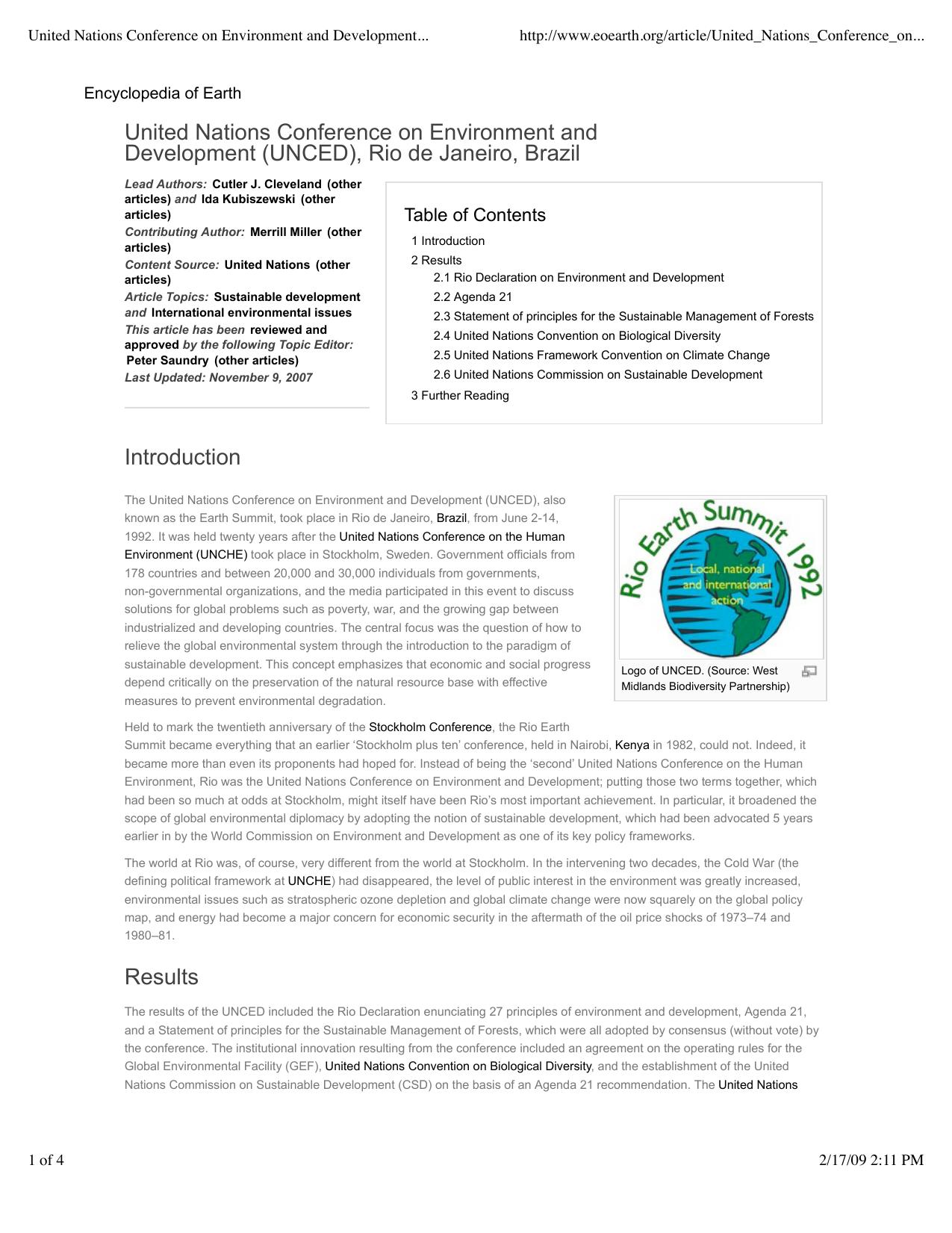 United Nations Conference on Environment and Development (UNCED), Rio de Janeiro, Brazil - Encyclopedia of Earth by EOEarth