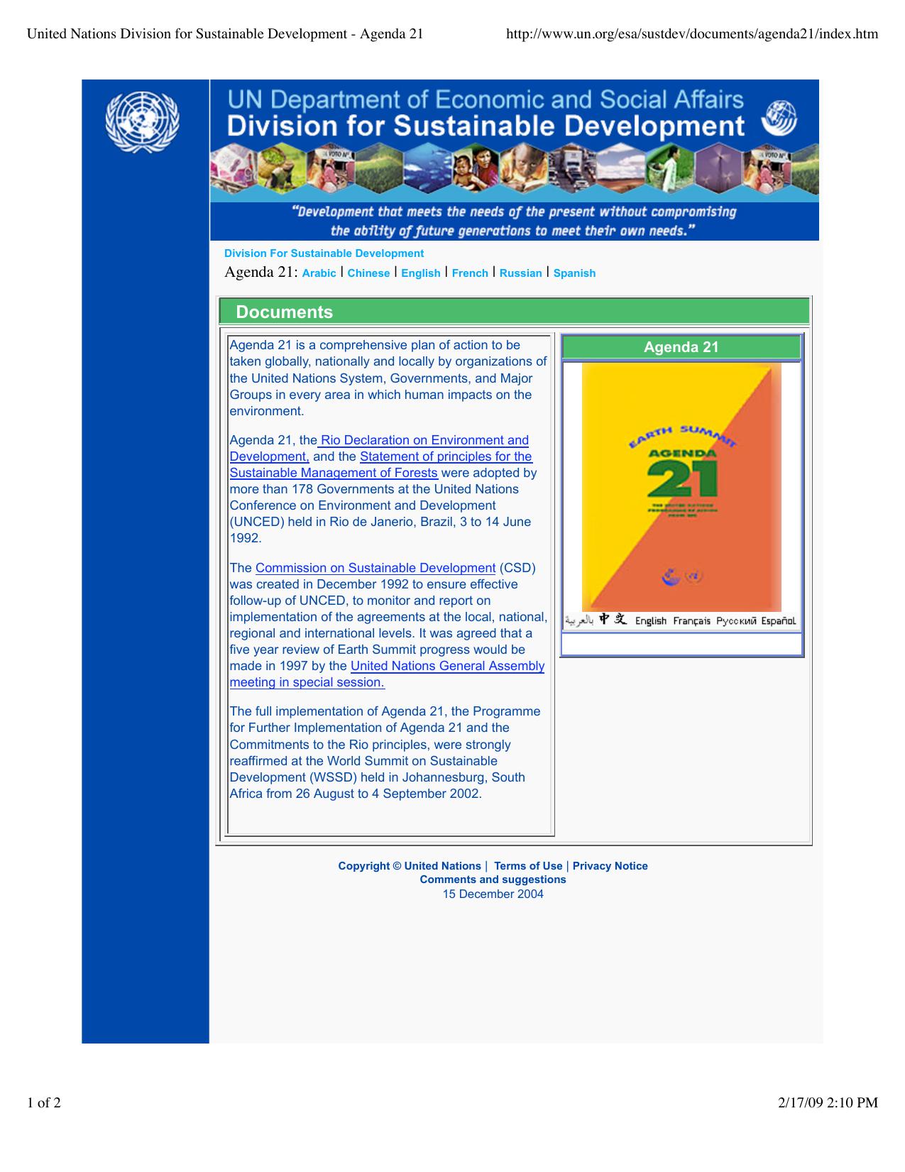 United Nations Division for Sustainable Development - Agenda 21 by United Nations