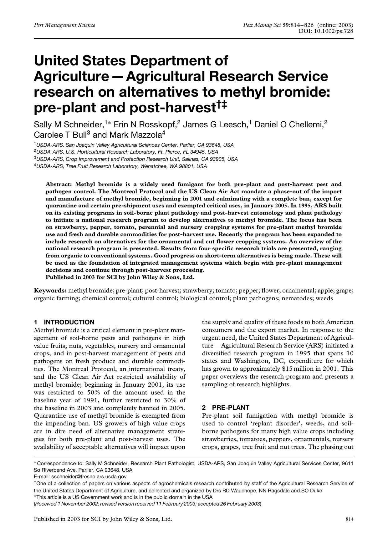 United States Department of Agriculture-Agricultural Research Service research on alternatives to methyl bromide: pre-plant and post-harvest by Unknown