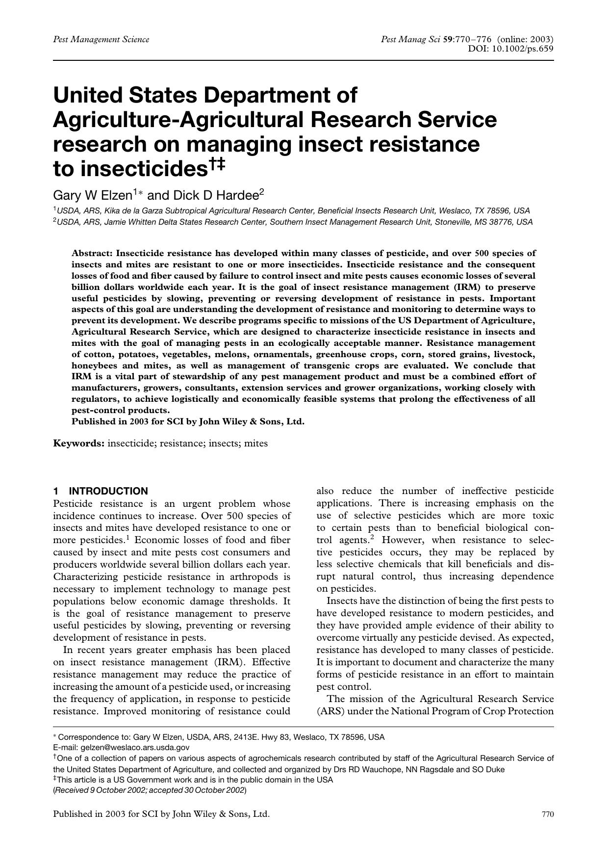 United States Department of Agriculture-Agricultural Research Service research on managing insect resistance to insecticides by Unknown