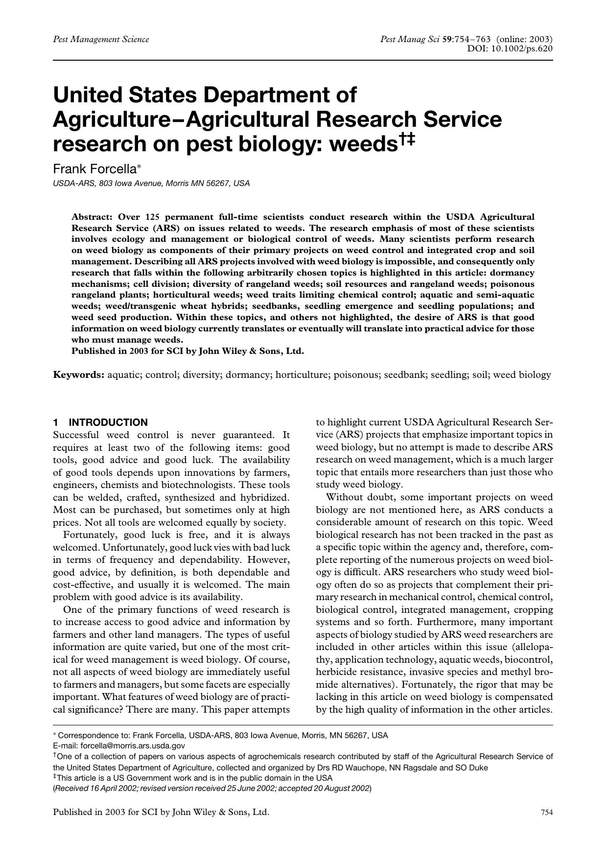 United States Department of Agriculture-Agricultural Research Service research on pest biology: weeds by Unknown