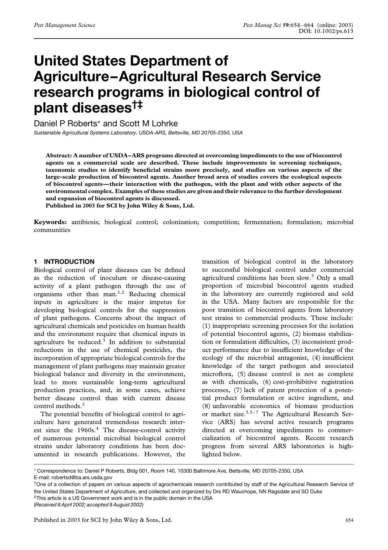 United States Department of Agriculture-Agricultural Research Service research programs in biological control of plant diseases by Unknown