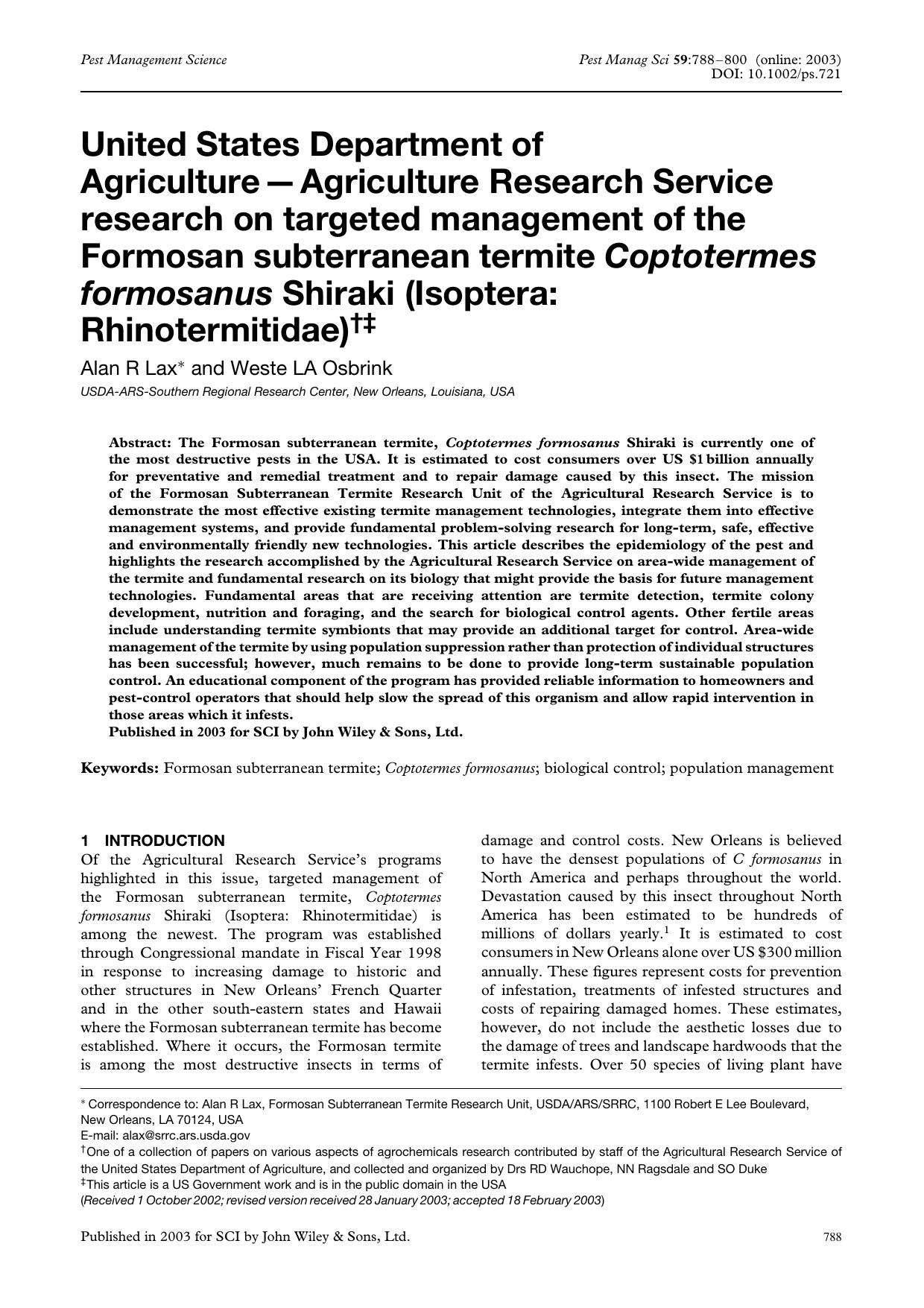 United States Department of Agriculture-Agriculture Research Service research on targeted management of the Formosan subterranean termite Coptotermes formosanus Shiraki (Isoptera: Rhinotermitidae) by Unknown
