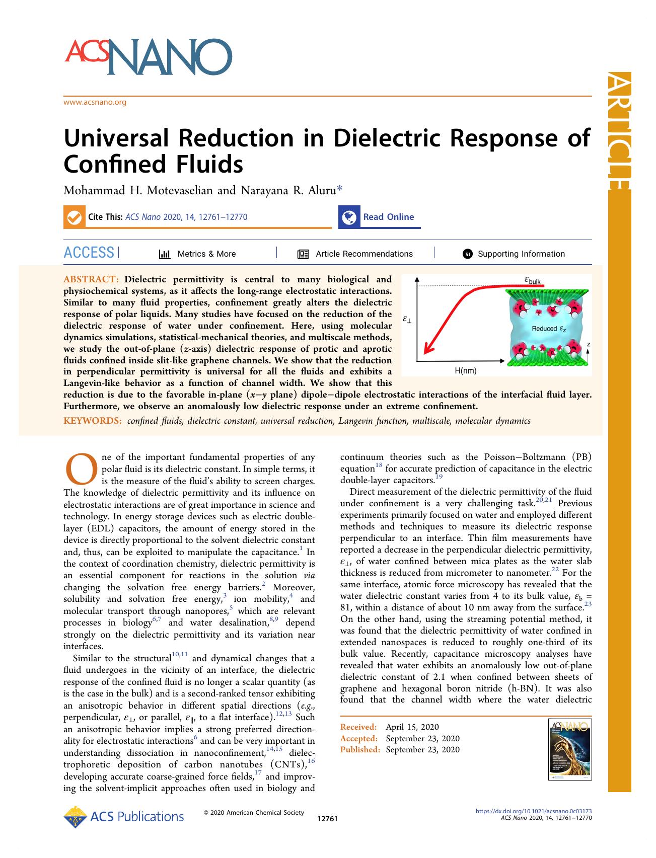Universal Reduction in Dielectric Response of Confined Fluids by Mohammad H. Motevaselian and Narayana R. Aluru