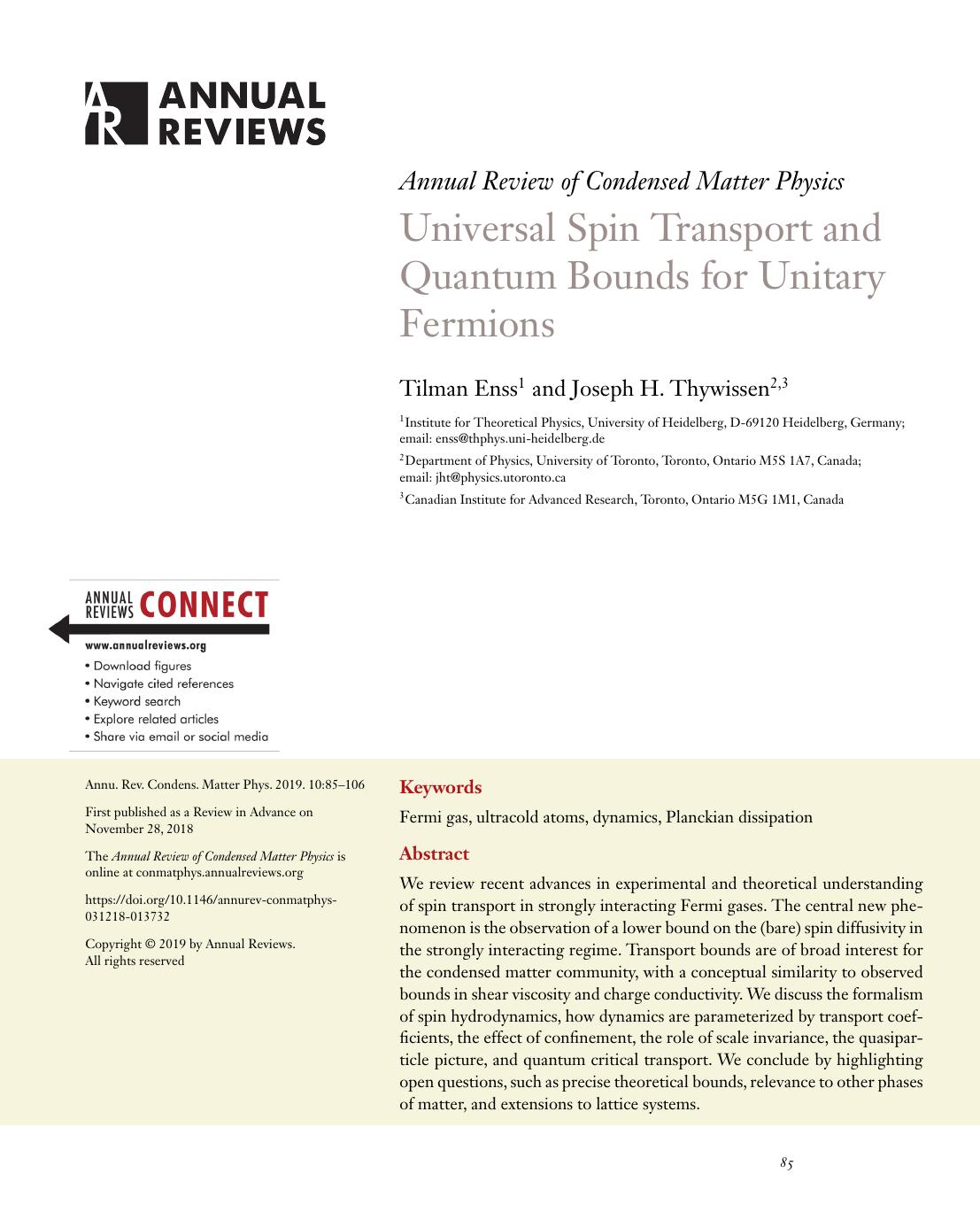 Universal Spin Transport and Quantum Bounds for Unitary Fermions by Tilman Enss and Joseph H. Thywissen