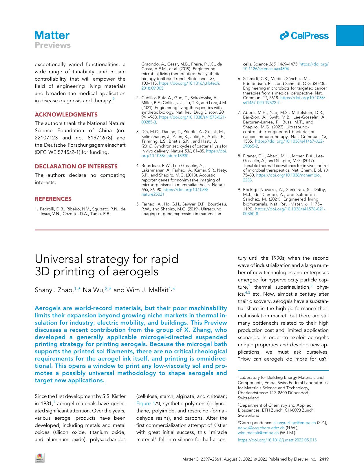 Universal Strategy for Rapid 3D Printing of Aerogels by Shanyu Zhao & Na Wu & Wim J. Malfait