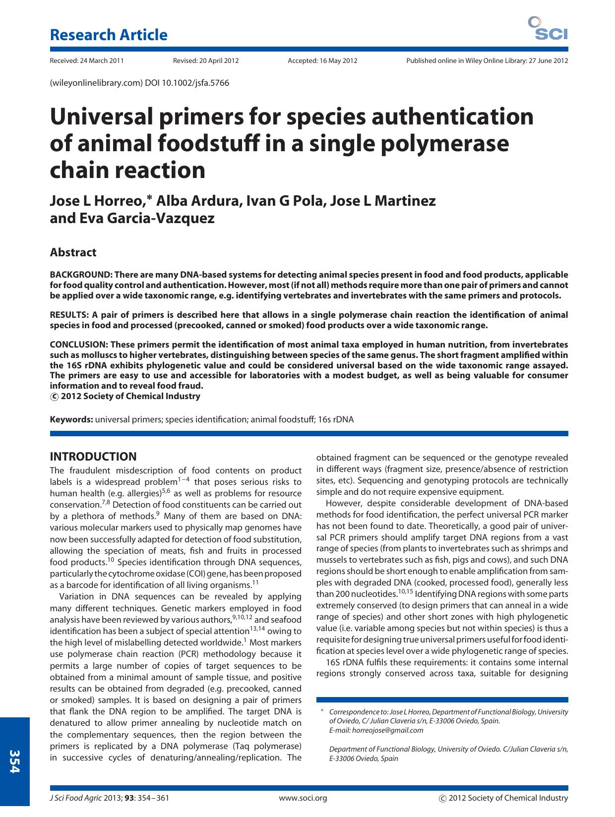 Universal primers for species authentication of animal foodstuff in a single polymerase chain reaction by Unknown