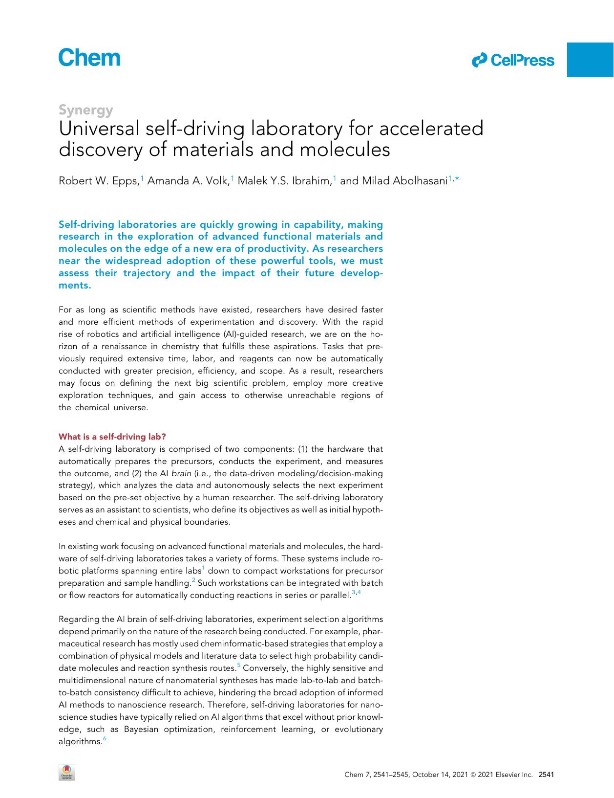 Universal self-driving laboratory for accelerated discovery of materials and molecules by Robert W. Epps & Amanda A. Volk & Malek Y.S. Ibrahim & Milad Abolhasani