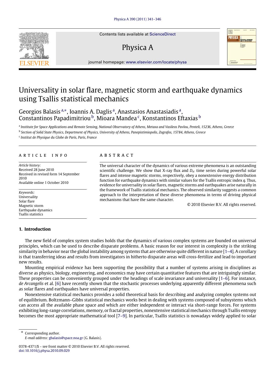 Universality in solar flare, magnetic storm and earthquake dynamics using Tsallis statistical mechanics by unknow