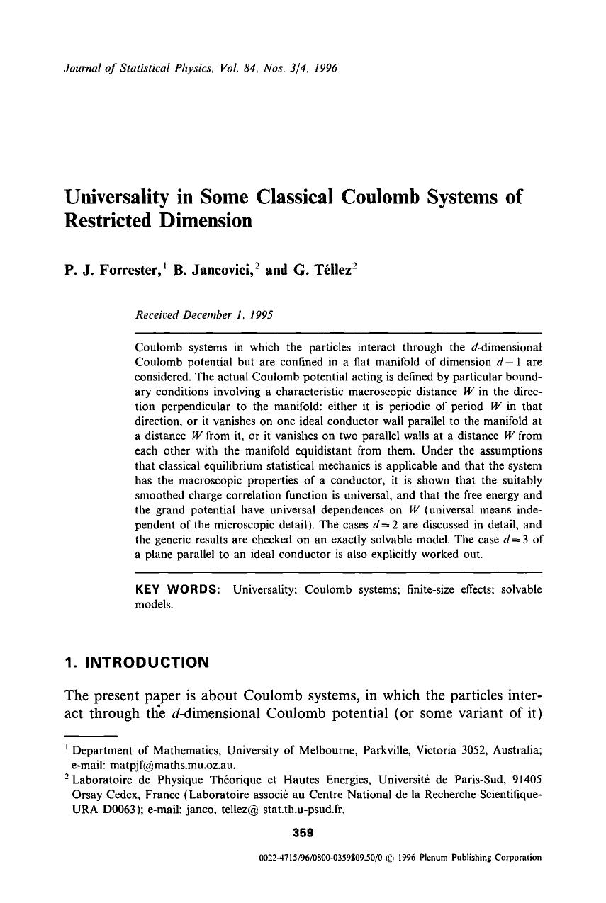 Universality in some classical Coulomb systems of restricted dimension by Unknown