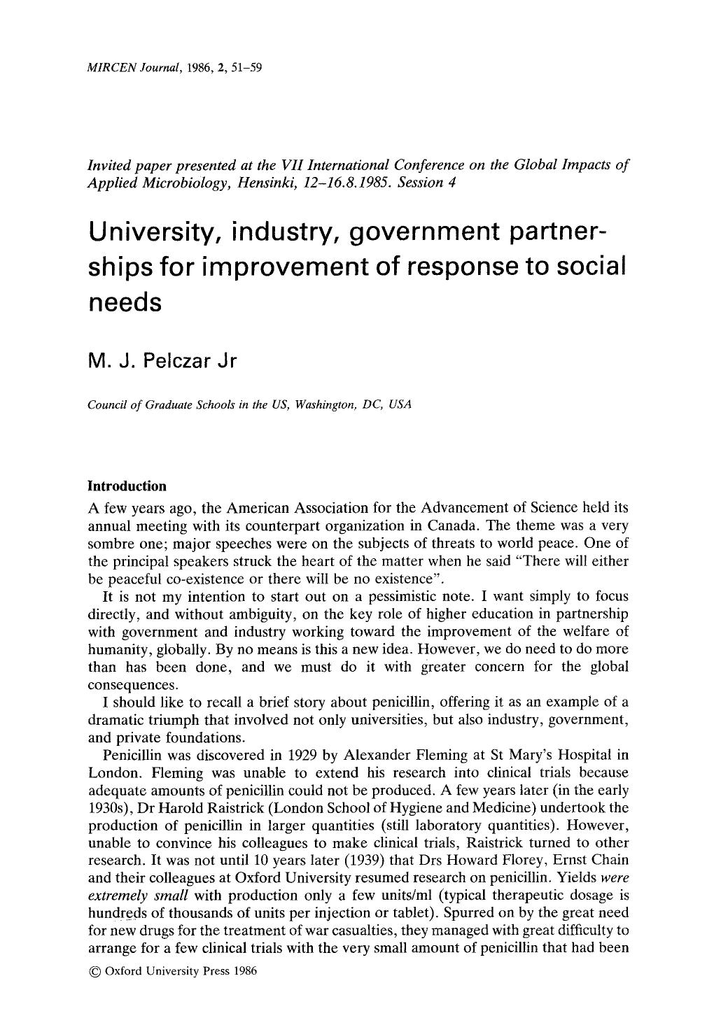 University, industry, government partnerships for improvement of response to social needs by Unknown