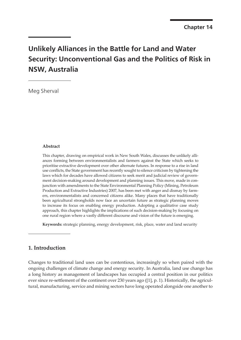 Unlikely Alliances in the Battle for Land and Water Security: Unconventional Gas and the Politics of Risk in NSW, Australia by Meg Sherval