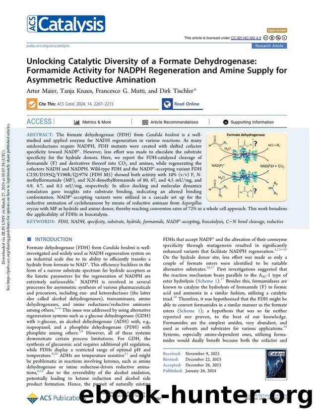 Unlocking Catalytic Diversity of a Formate Dehydrogenase: Formamide Activity for NADPH Regeneration and Amine Supply for Asymmetric Reductive Amination by Artur Maier Tanja Knaus Francesco G. Mutti & Dirk Tischler