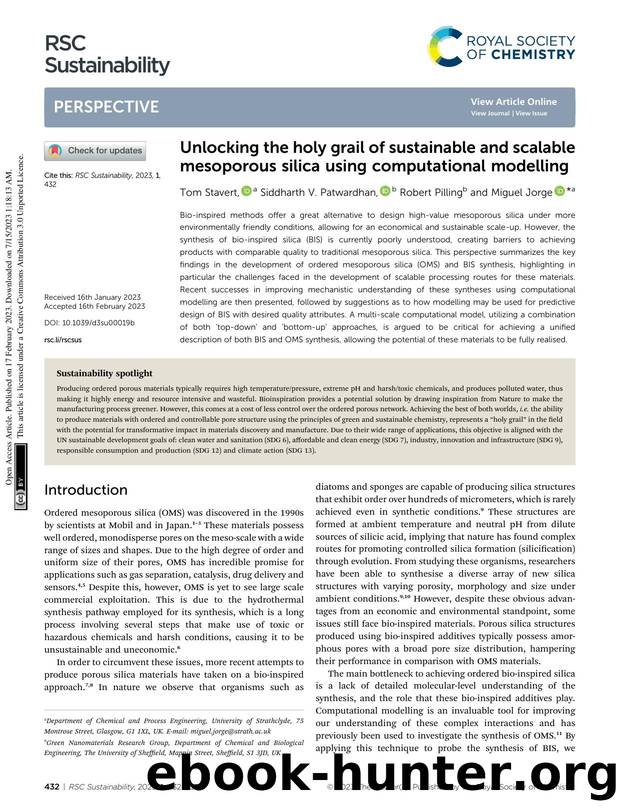 Unlocking the holy grail of sustainable and scalable mesoporous silica using computational modelling by Tom Stavert & Siddharth V. Patwardhan & Robert Pilling & Miguel Jorge