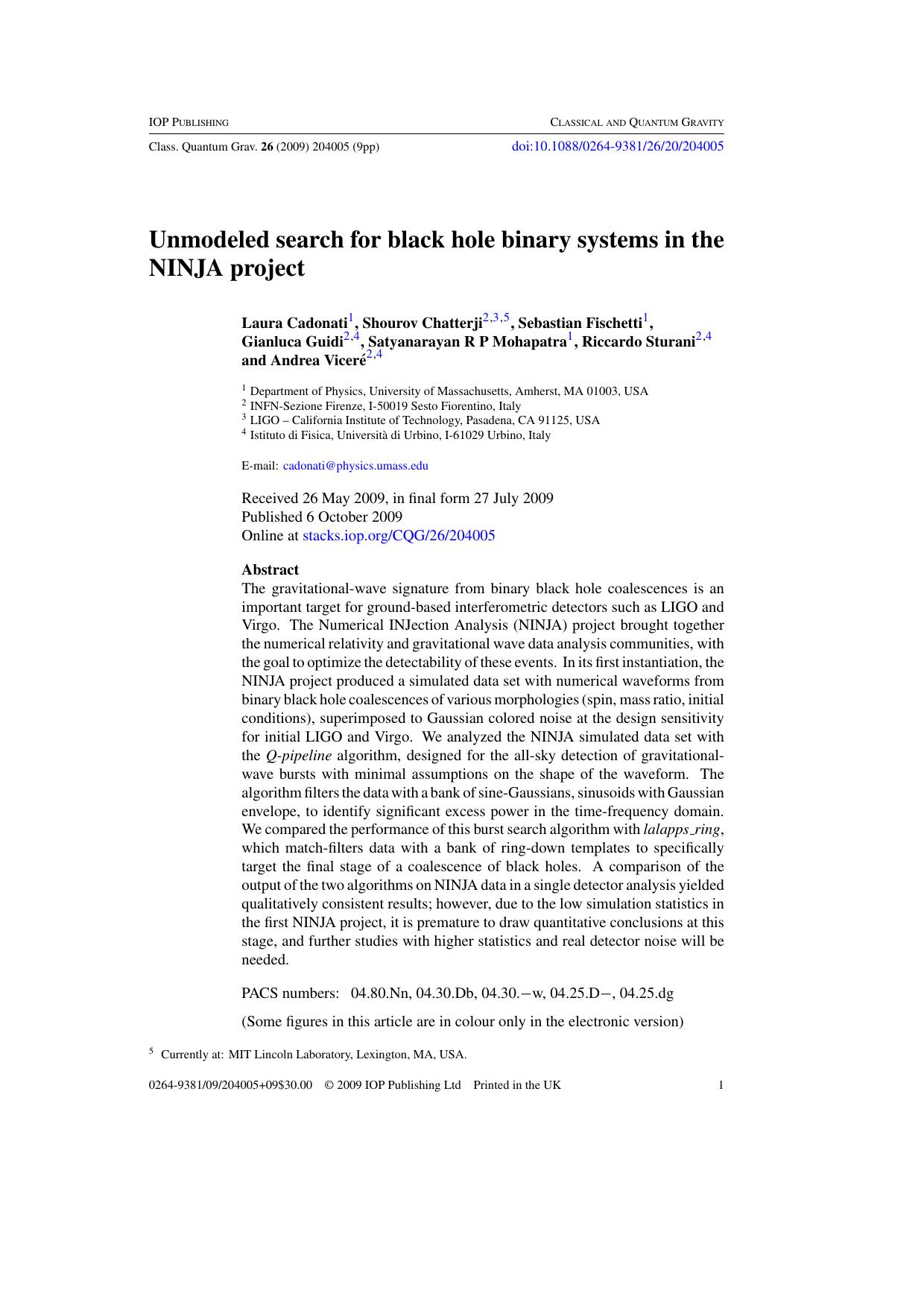Unmodeled search for black hole binary systems in the NINJA project by L Cadonati et al