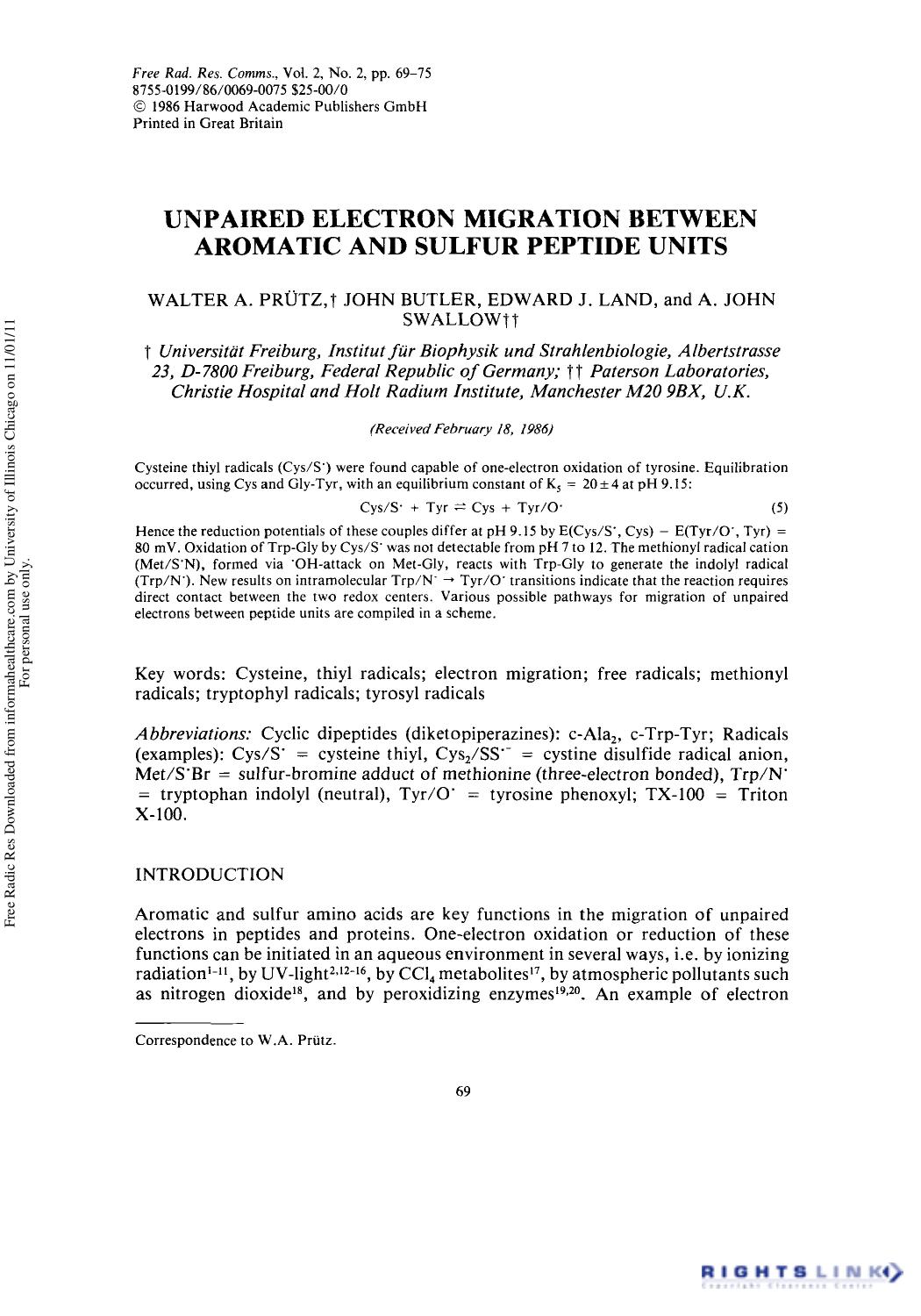 Unpaired Electron Migration between Aromatic and Sulfur Peptide Units by Walter A. Prütz1 John Butler1 Edward J. Land1 & A. John Swallow2