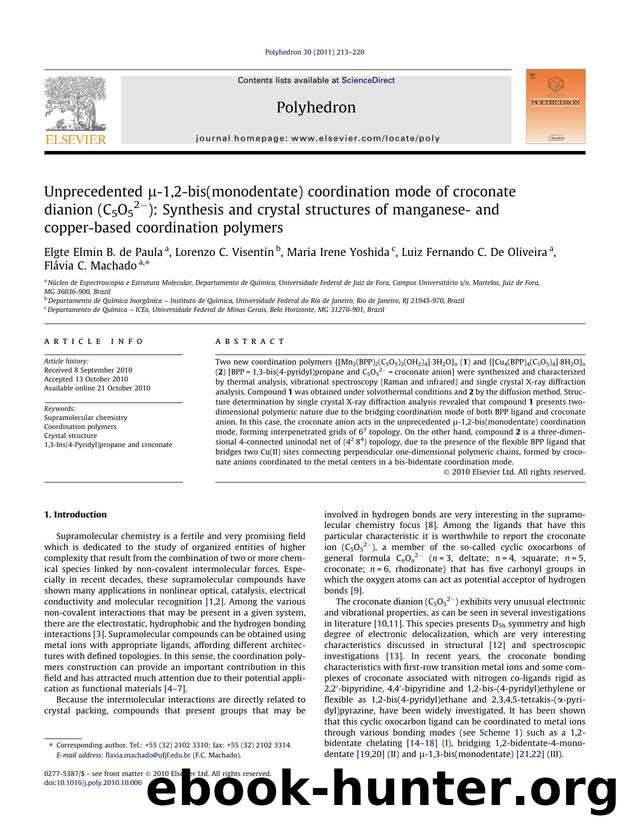 Unprecedented ÃÂ¼-1,2-bis(monodentate) coordination mode of croconate dianion (C5O52Ã¢Ëâ): Synthesis and crystal structures of manganese- and copper-based coordination polymers by unknow