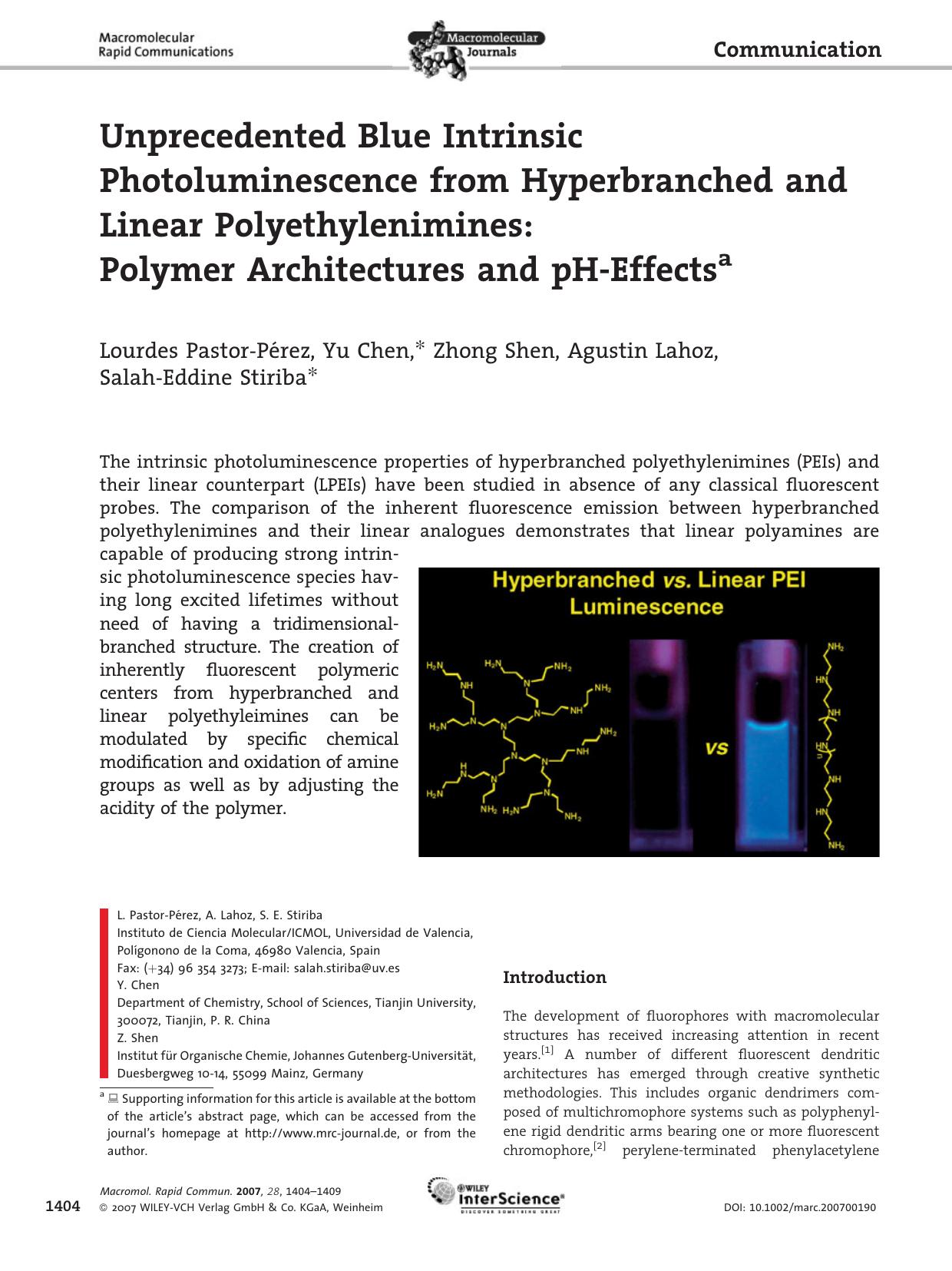 Unprecedented Blue Intrinsic Photoluminescence from Hyperbranched and Linear Polyethylenimines: Polymer Architectures and pH-Effects by Unknown