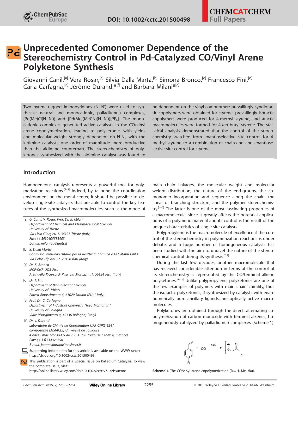 Unprecedented Comonomer Dependence of the Stereochemistry Control in PdCatalyzed COVinyl Arene Polyketone Synthesis by Unknown