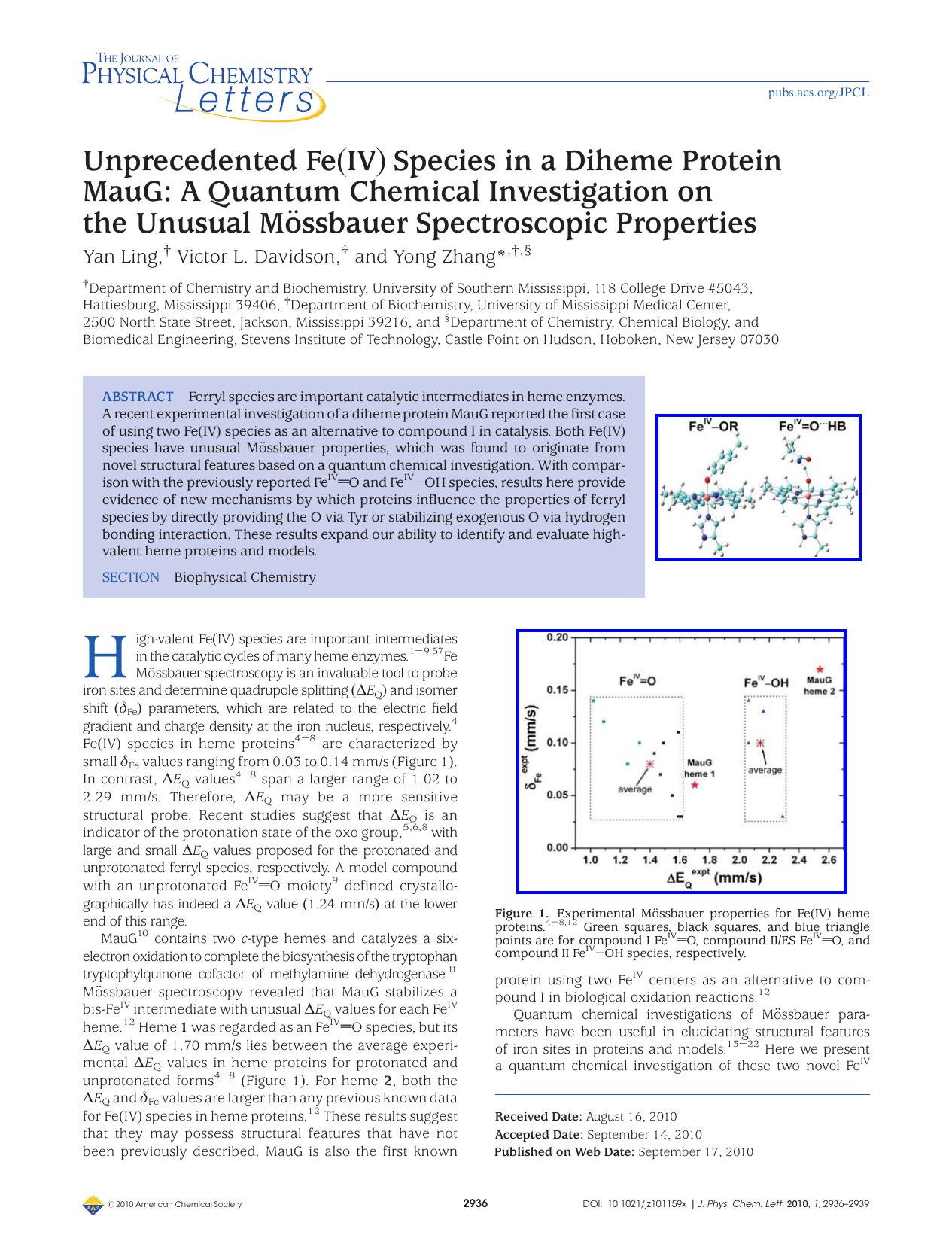 Unprecedented Fe(IV) Species in a Diheme Protein MauG: A Quantum Chemical Investigation on the Unusual Mossbauer Spectroscopic Properties by Unknown