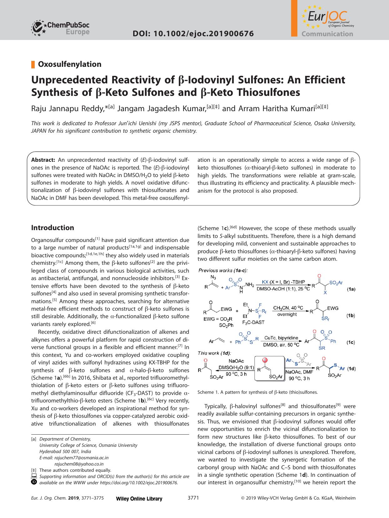 Unprecedented Reactivity of &#x003B2;&#x02010;Iodovinyl Sulfones: An Efficient Synthesis of &#x003B2;&#x02010;Keto Sulfones and &#x003B2;&#x02010;Keto Thiosulfones by Unknown