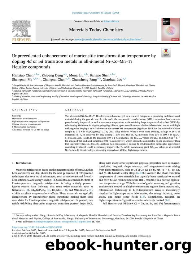 Unprecedented enhancement of martensitic transformation temperature by doping 4 d or 5 d transition metals in all- d -metal NiâCoâMnâTi Heusler compounds by unknow