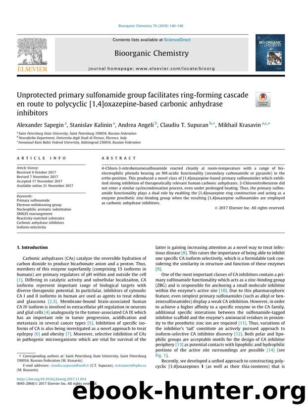Unprotected primary sulfonamide group facilitates ring-forming cascade en route to polycyclic [1,4]oxazepine-based carbonic anhydrase inhibitors by Alexander Sapegin & Stanislav Kalinin & Andrea Angeli & Claudiu T. Supuran & Mikhail Krasavin