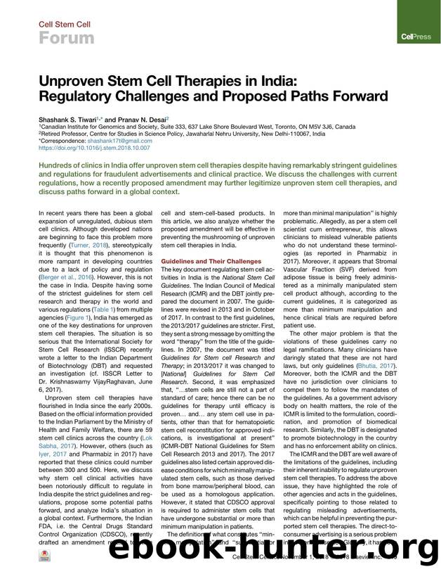 Unproven Stem Cell Therapies in India: Regulatory Challenges and Proposed Paths Forward by Shashank S. Tiwari & Pranav N. Desai