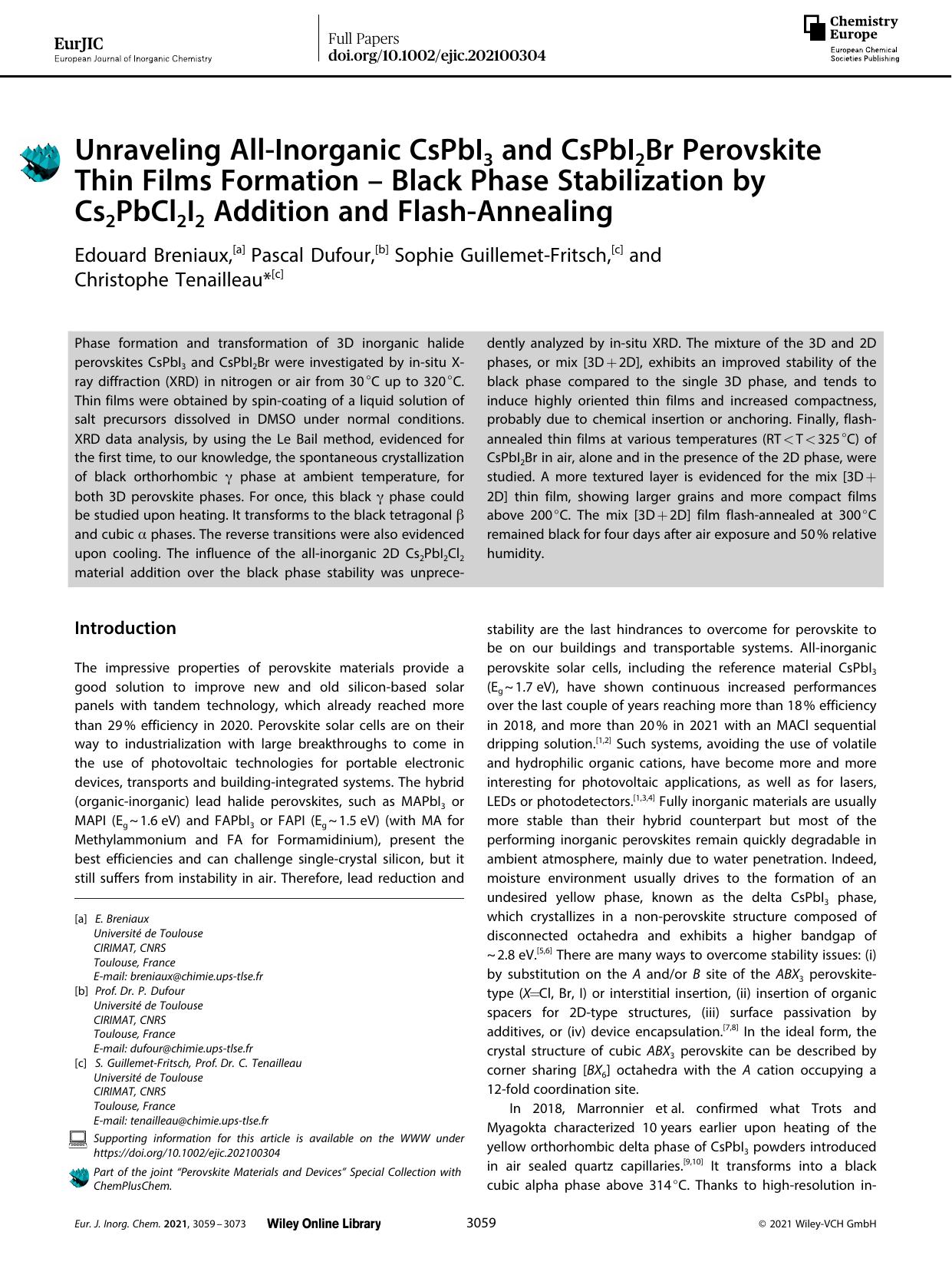 Unraveling AllâInorganic CsPbI3 and CsPbI2Br Perovskite Thin Films Formation â Black Phase Stabilization by Cs2PbCl2I2 Addition and FlashâAnnealing by Unknown