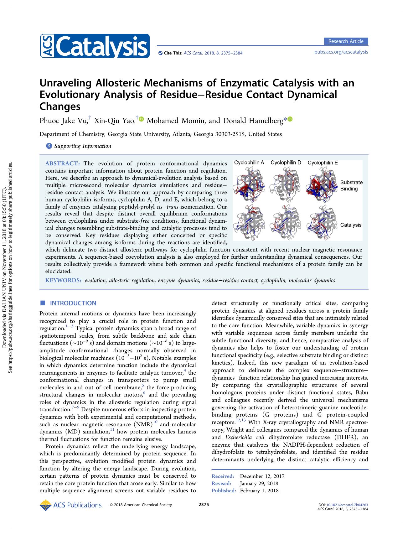 Unraveling Allosteric Mechanisms of Enzymatic Catalysis with an Evolutionary Analysis of ResidueâResidue Contact Dynamical Changes by Phuoc Jake Vu Xin-Qiu Yao Mohamed Momin & Donald Hamelberg