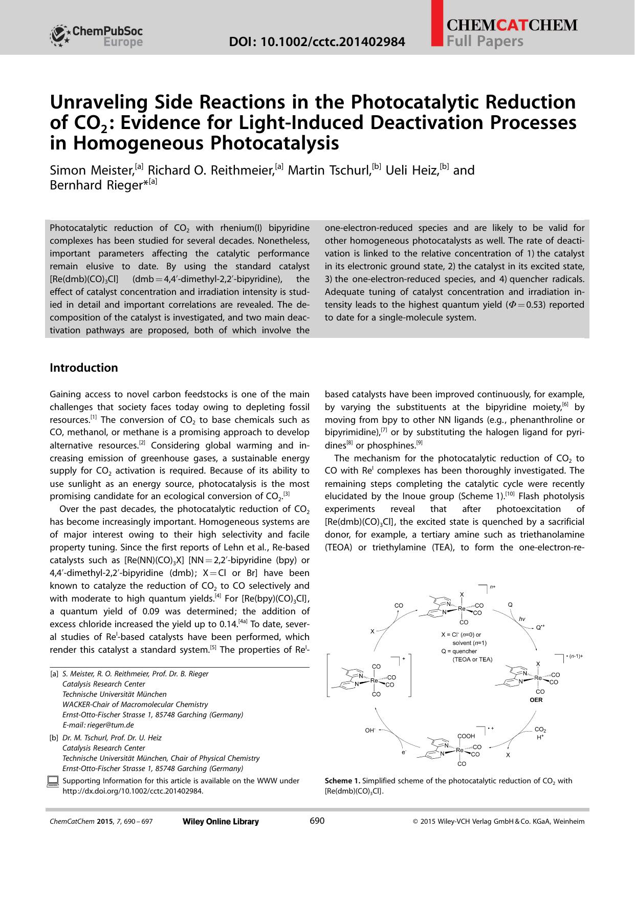 Unraveling Side Reactions in the Photocatalytic Reduction of CO2: Evidence for LightInduced Deactivation Processes in Homogeneous Photocatalysis by Unknown