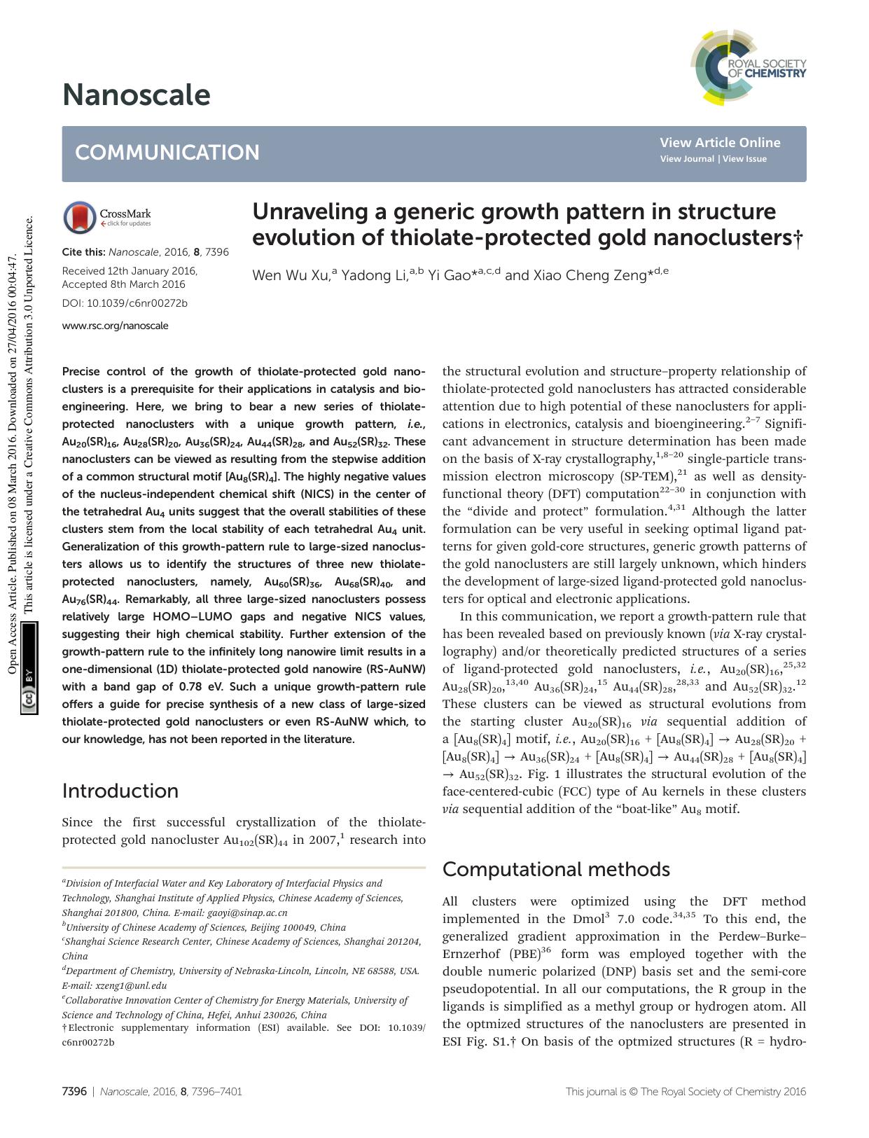 Unraveling a generic growth pattern in structure evolution of thiolate-protected gold nanoclusters by Wen Wu Xu Yadong Li Yi Gao Xiao Cheng Zeng