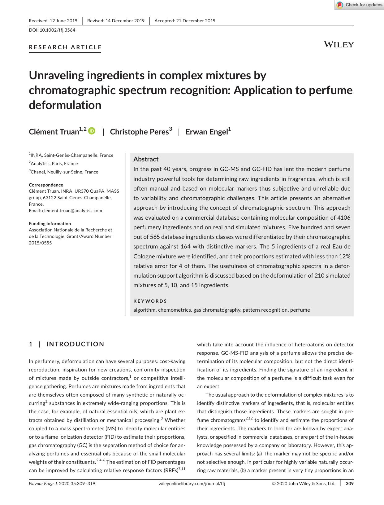 Unraveling ingredients in complex mixtures by chromatographic spectrum recognition: Application to perfume deformulation by Unknown