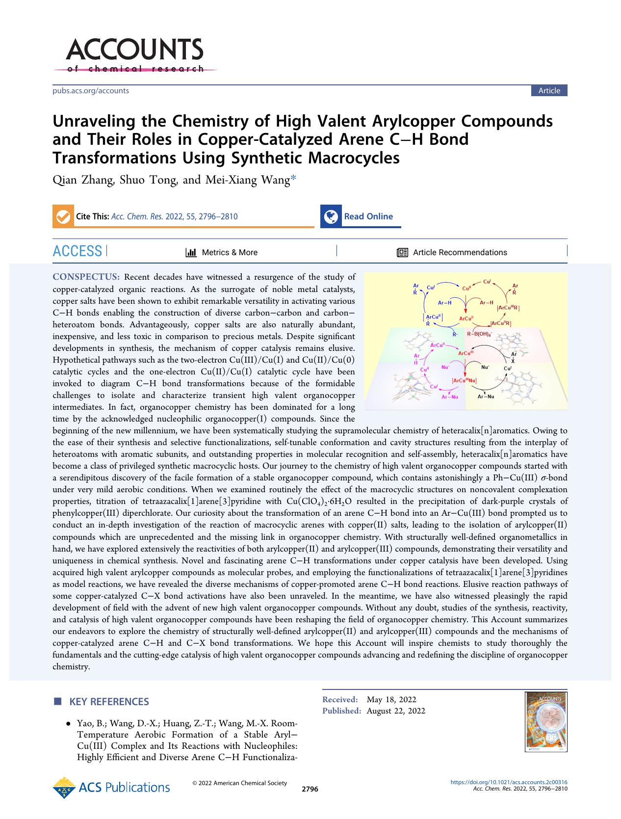 Unraveling the Chemistry of High Valent Arylcopper Compounds and Their Roles in Copper-Catalyzed Arene CâH Bond Transformations Using Synthetic Macrocycles by Qian Zhang Shuo Tong and Mei-Xiang Wang
