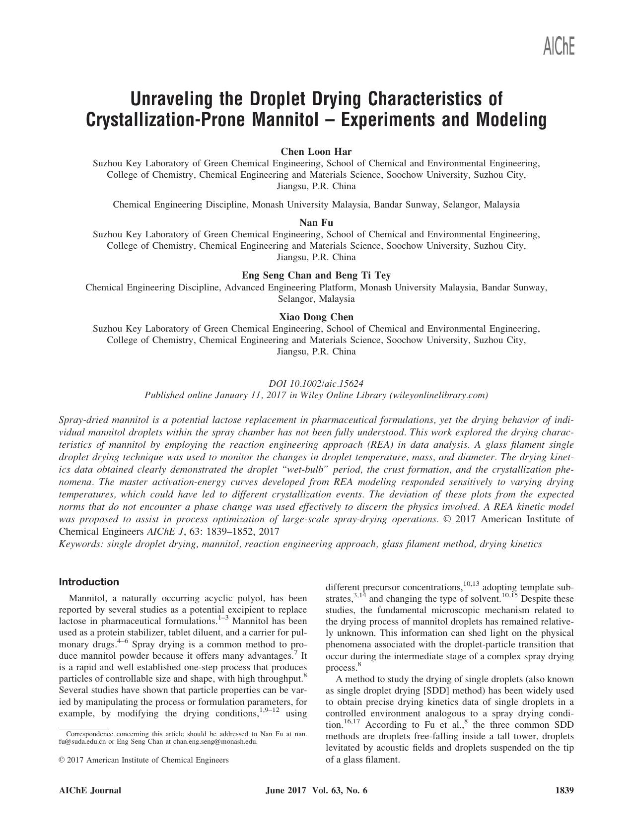 Unraveling the Droplet Drying Characteristics of Crystallization&#8208;Prone Mannitol &#x02013; Experiments and Modeling by Unknown