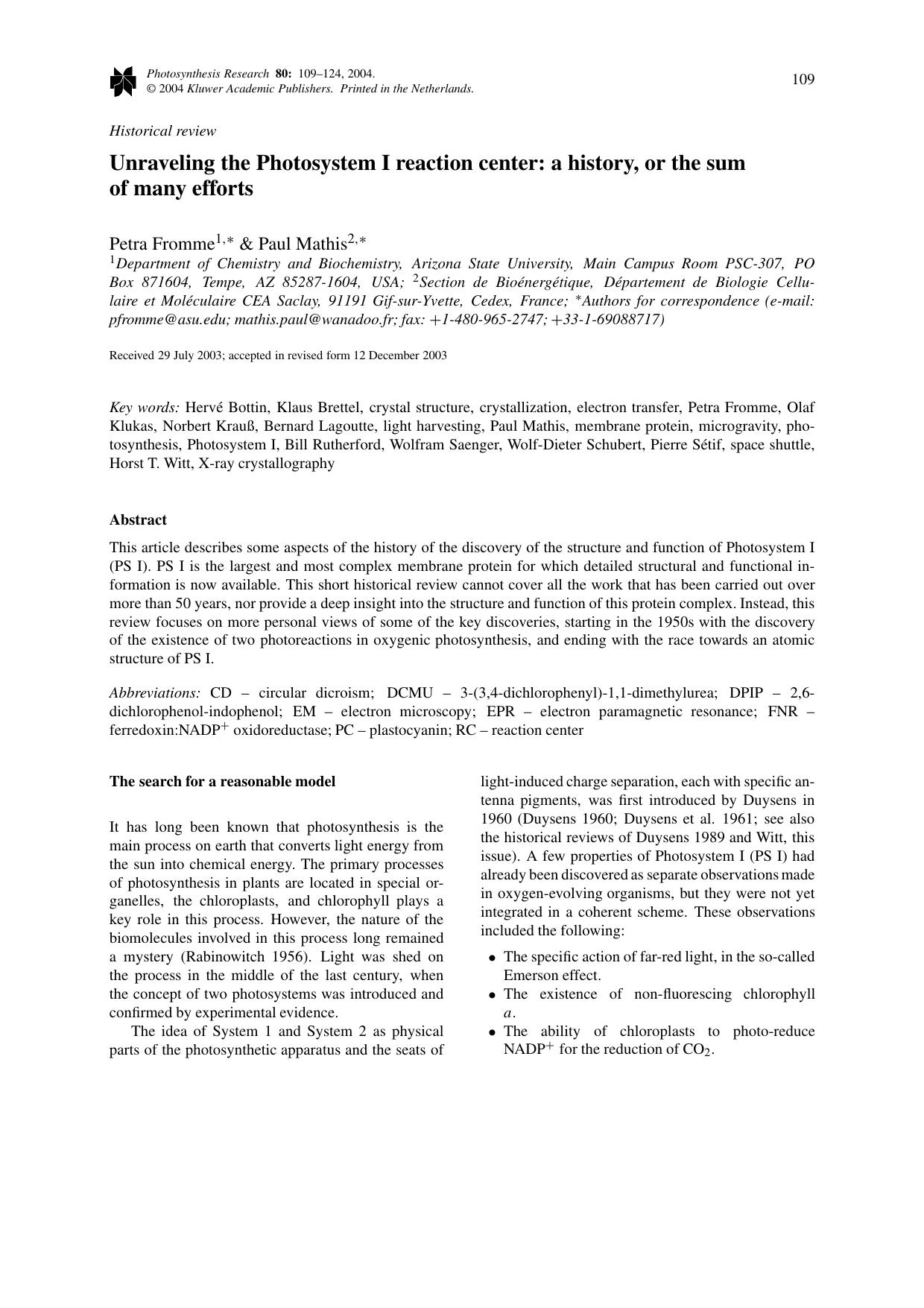 Unraveling the Photosystem I Reaction Center: A History, or the Sum of Many Efforts by Unknown