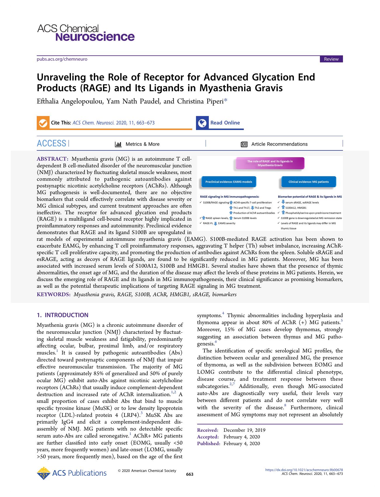 Unraveling the Role of Receptor for Advanced Glycation End Products (RAGE) and Its Ligands in Myasthenia Gravis by Efthalia Angelopoulou Yam Nath Paudel and Christina Piperi