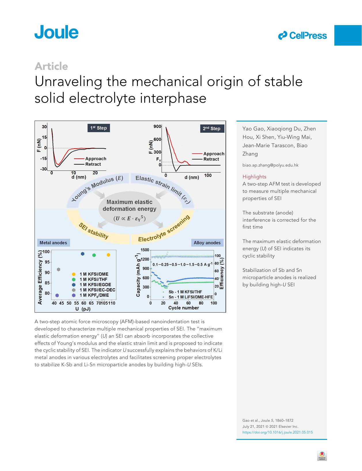 Unraveling the mechanical origin of stable solid electrolyte interphase by Yao Gao & Xiaoqiong Du & Zhen Hou & Xi Shen & Yiu-Wing Mai & Jean-Marie Tarascon & Biao Zhang