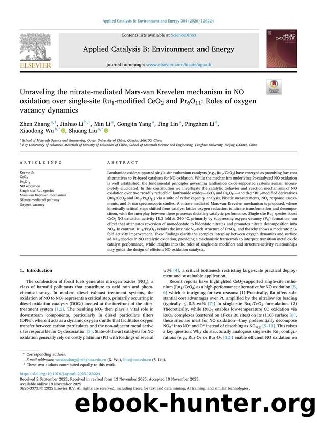 Unraveling the nitrate-mediated Mars-van Krevelen mechanism in NO oxidation over single-site Ru1-modified CeO2 and Pr6O11: Roles of oxygen vacancy dynamics by Zhen Zhang & Jinhao Li & Min Li & Gongjin Yang & Jing Lin & Pingzhen Li & Xiaodong Wu & Shuang Liu