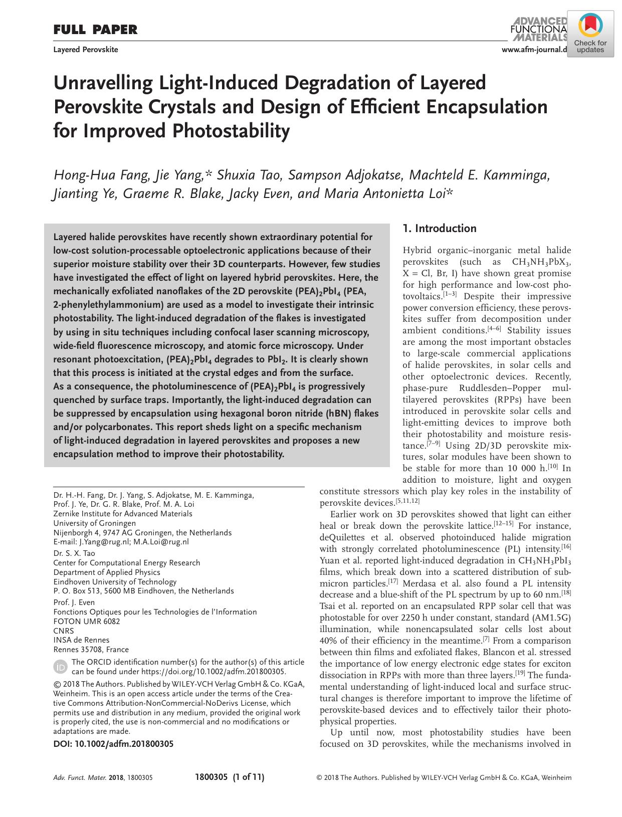 Unravelling LightâInduced Degradation of Layered Perovskite Crystals and Design of Efficient Encapsulation for Improved Photostability by Unknown