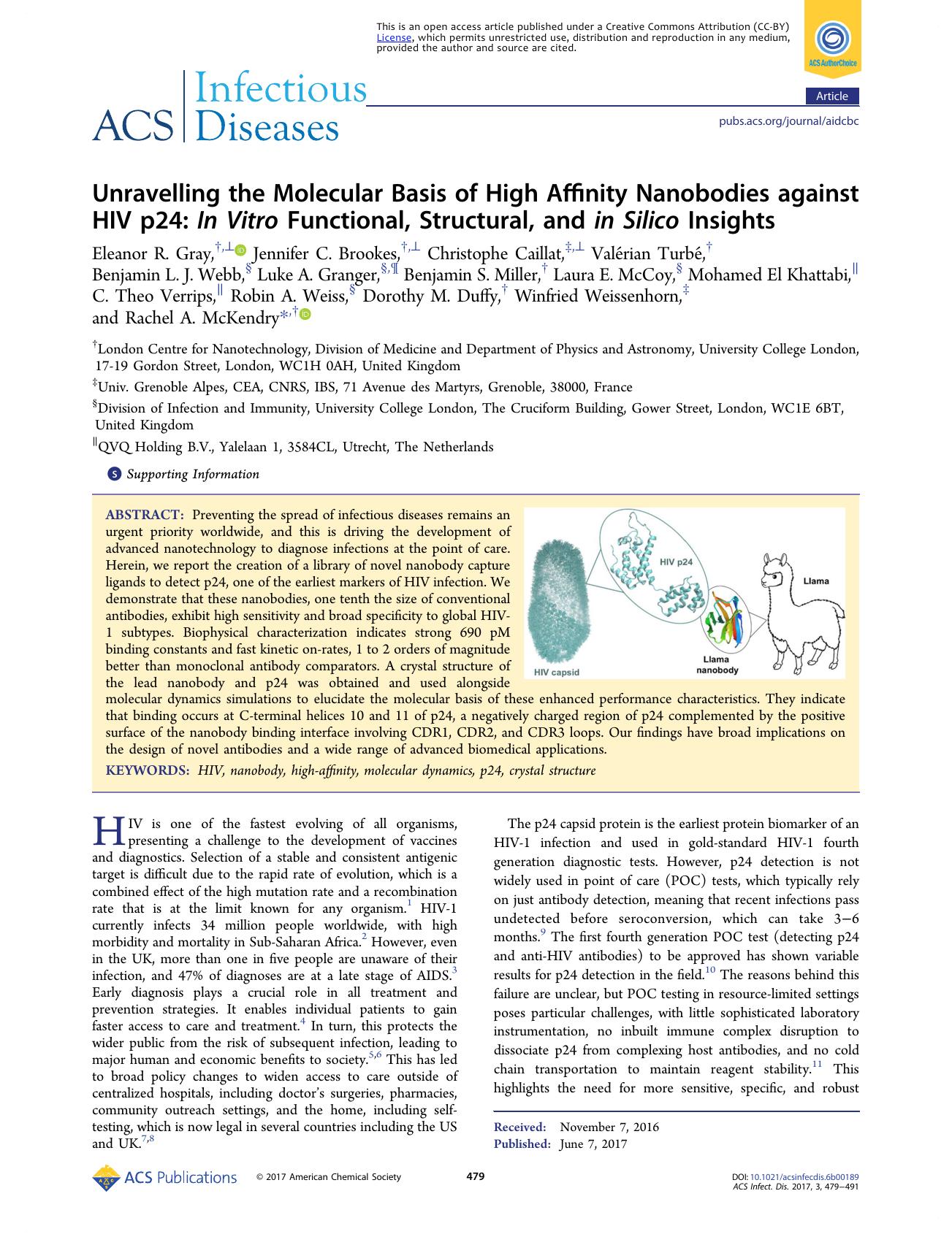 Unravelling the Molecular Basis of High Affinity Nanobodies against HIV p24: In Vitro Functional, Structural, and in Silico Insights by unknow
